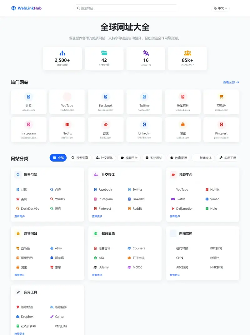 HTML静态全球网址大全导航网站源码(支持多语言)